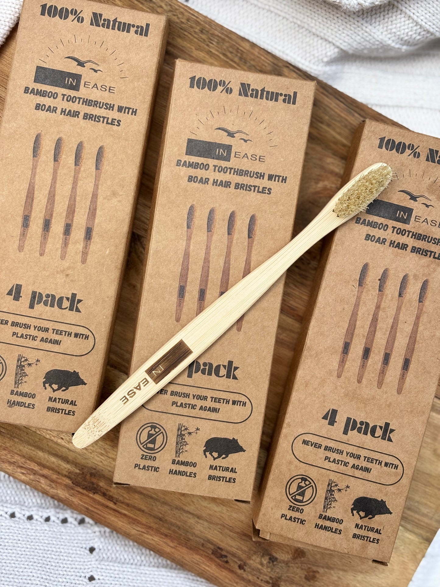 INEASE 100% Natural Toothbrush 4-Pack